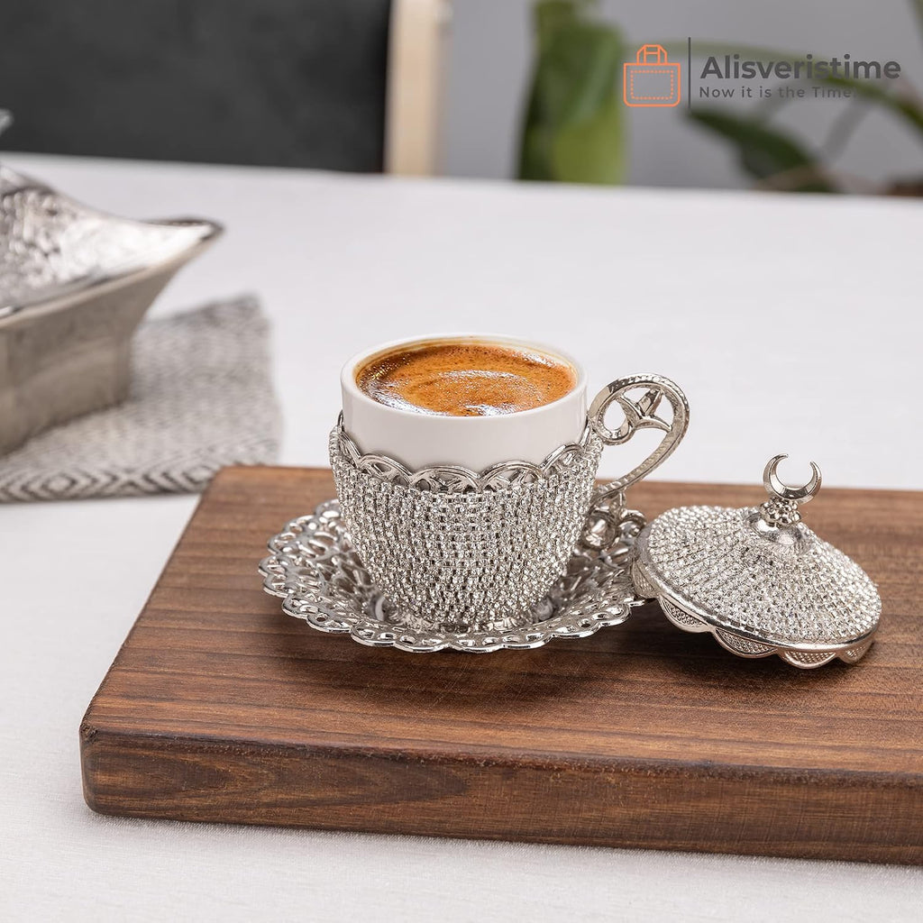 Alisveristime 27 Pc Ottoman Turkish Greek Arabic Coffee Espresso Serving Cup Saucer Crystal Set (Gelincik) - Handcrafted Traditional Set with Hilal Motifs (Silver)