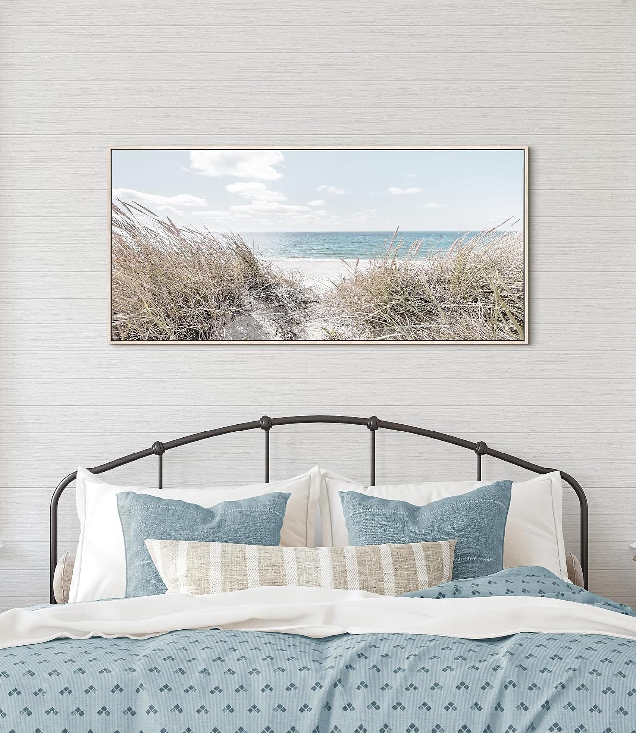 Beach Canvas Framed Wall Art: Large Coastal Seascape Picture Decor Ocean Scene Sea Print Painting Modern Seaside Seashore Grass Artwork for Bedroom Living Room Office