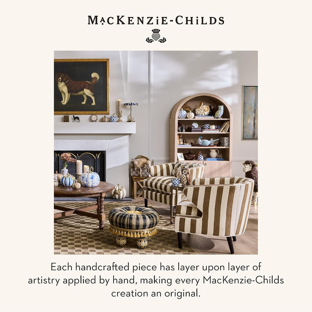 MACKENZIE-CHILDS LED Rechargeable Disk Table Lamp, Cordless Touch Lamp, Blue-and-White Royal Check