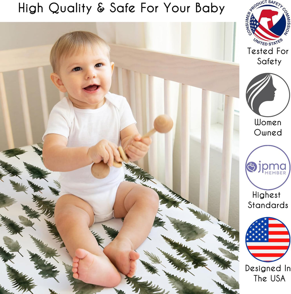 Sweet Jojo Designs 6-Piece Baby Crib Bedding Set (Sage Green Woodland) for Boys/Girls, Infants/Nursery incl. BreathableBaby Mesh Liner Blanket, Fitted Sheet, Skirt, Diaper Stacker (Forest Themed, Sun)