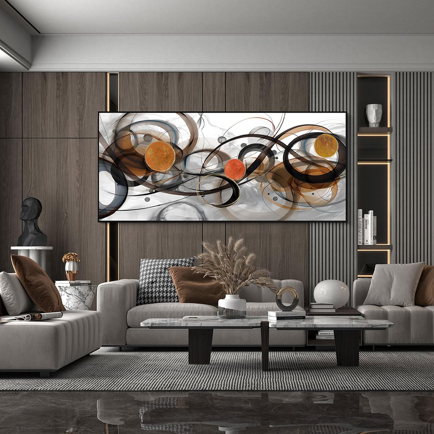 XLSJERST Wall Art for Living Room - Extra Large 86x39 Inches Orange Abstract Canvas Wall Decor Modern Black Fram Painting Oversize Artwork for Above Bed Office Home Decoration