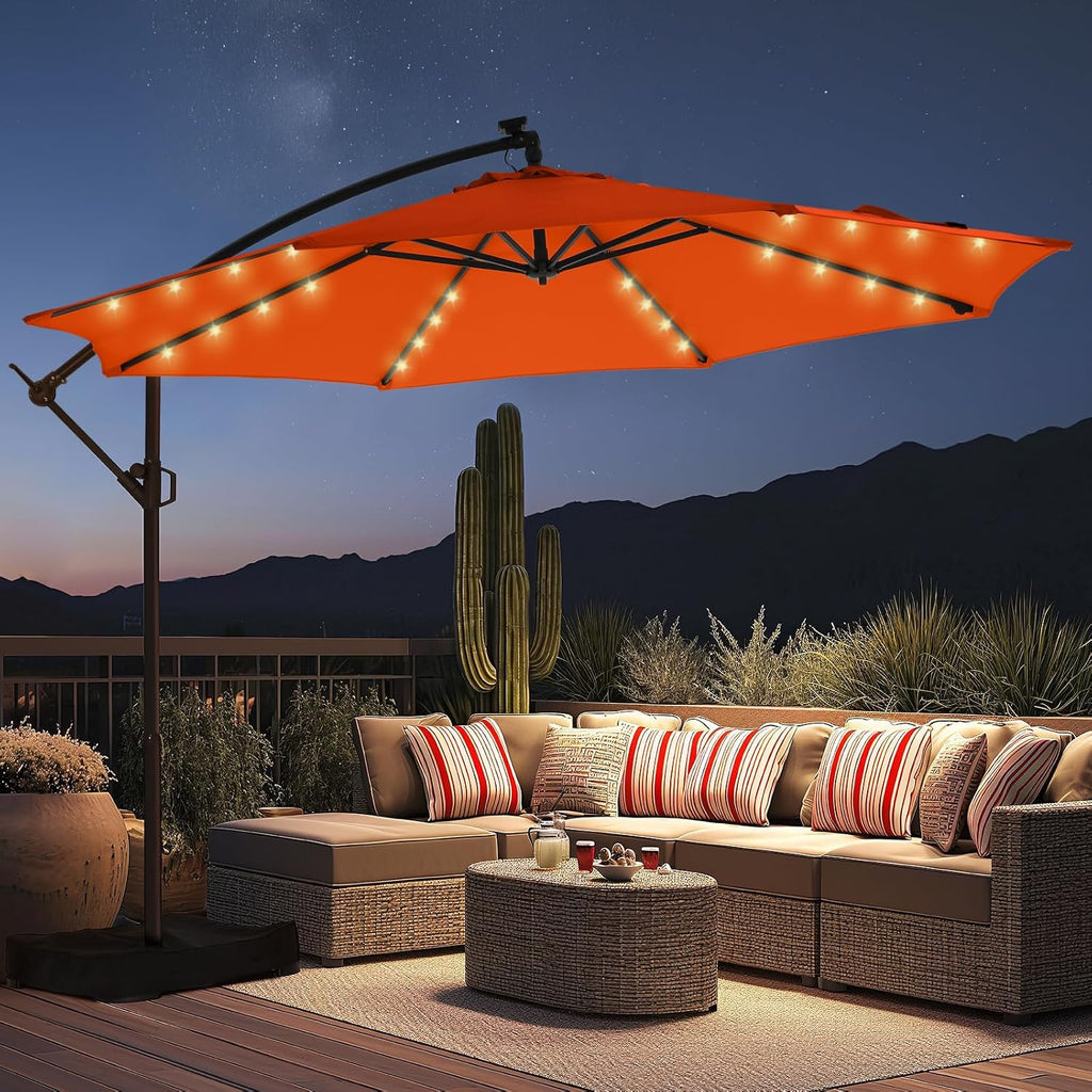 HOMSHADE 10ft Solar Lights Offset Cantilever Patio Umbrella - with Light and Base, LED Lighted Offset Hanging Patio Outdoor Market Umbrella UPF50+ UV Protection with Easy Tilt and Crank (Neon Orange)