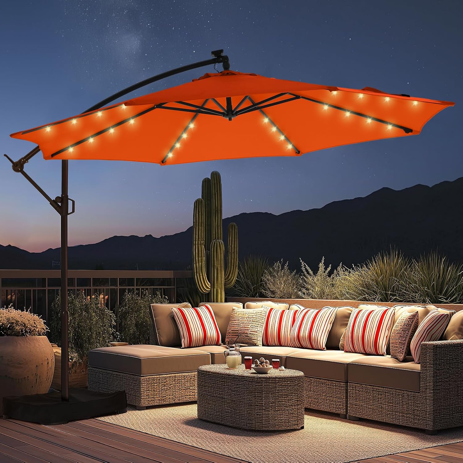 HOMSHADE 10ft Solar Lights Offset Cantilever Patio Umbrella - with Light and Base, LED Lighted Offset Hanging Patio Outdoor Market Umbrella UPF50+ UV Protection with Easy Tilt and Crank (Neon Orange)