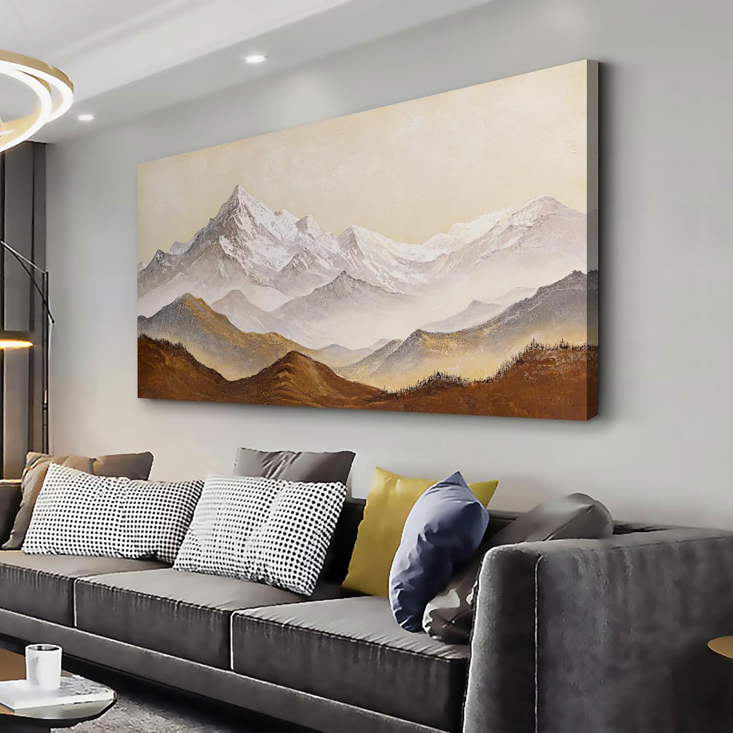 Landscape Canvas Wall Art Abstract Wall Art Earth Color Mountain Landscape Canvas Painting Decor Framed Artwork Snow Moutain Wall Art for Living Room Bedroom Dining Room Home Office Decor 29'X58'