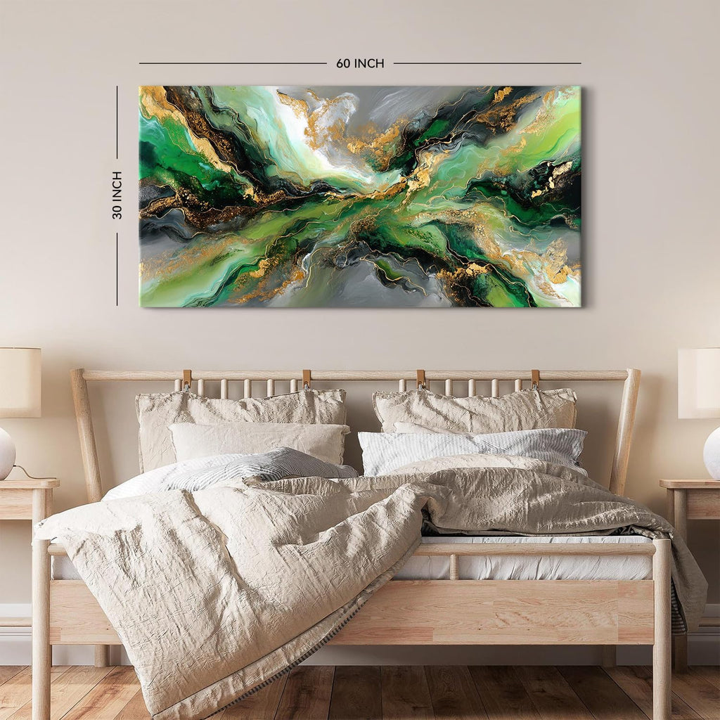 Emerald Green Abstract Wall Art Green and Gold Wall Decor Marble Canvas Picture for Living Room Above Couch Artwork Decorations Watercolor Liquid Textured Ink Prints Painting Poster Decor 75x147cm