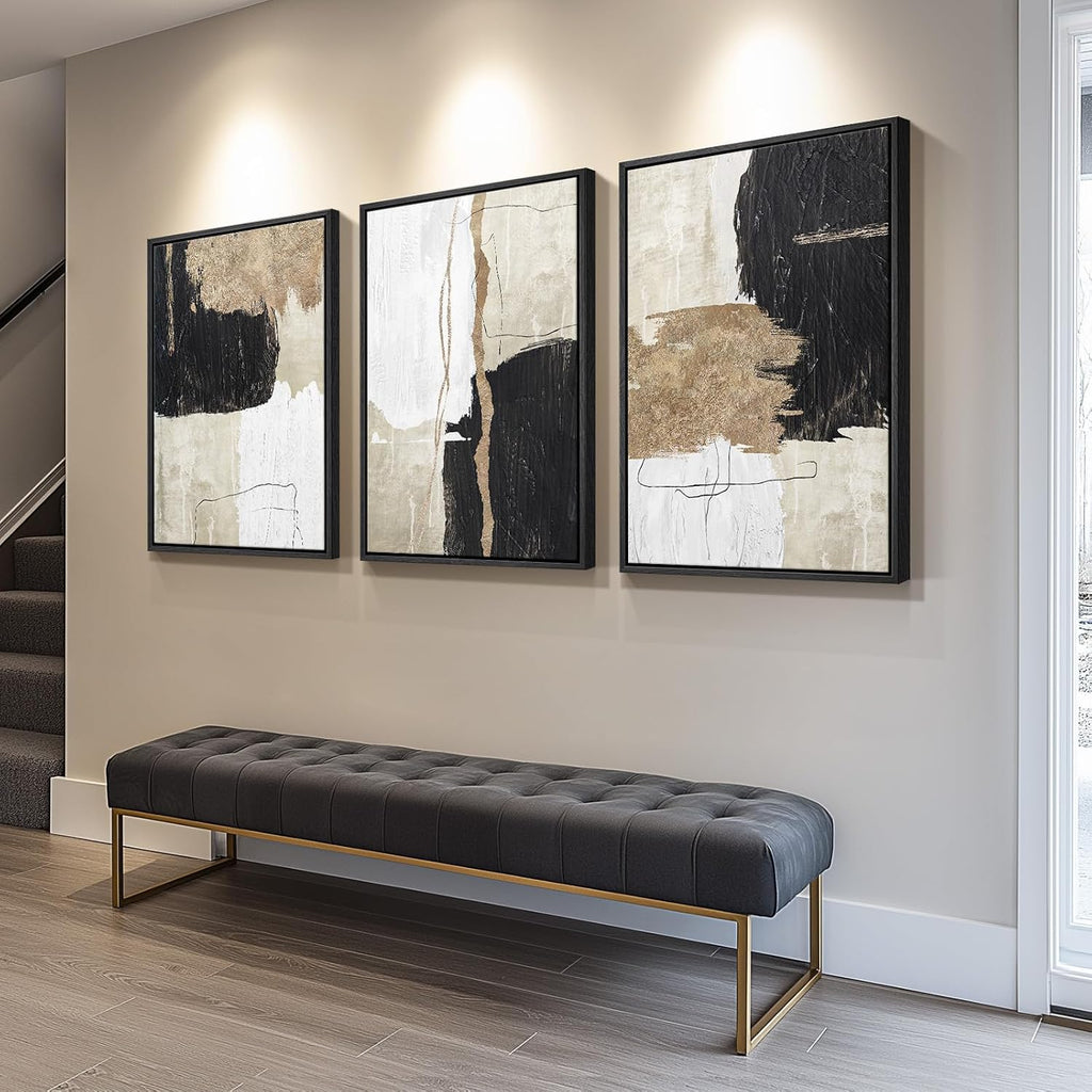 Framed Black and White Abstract Wall Art for Living Room, Large Gold 3 Piece Modern Canvas Prints Artwork for Walls, Black White and Gold Minimalist Paintings for Hallway Office Wall Decor, 24x36 Inch