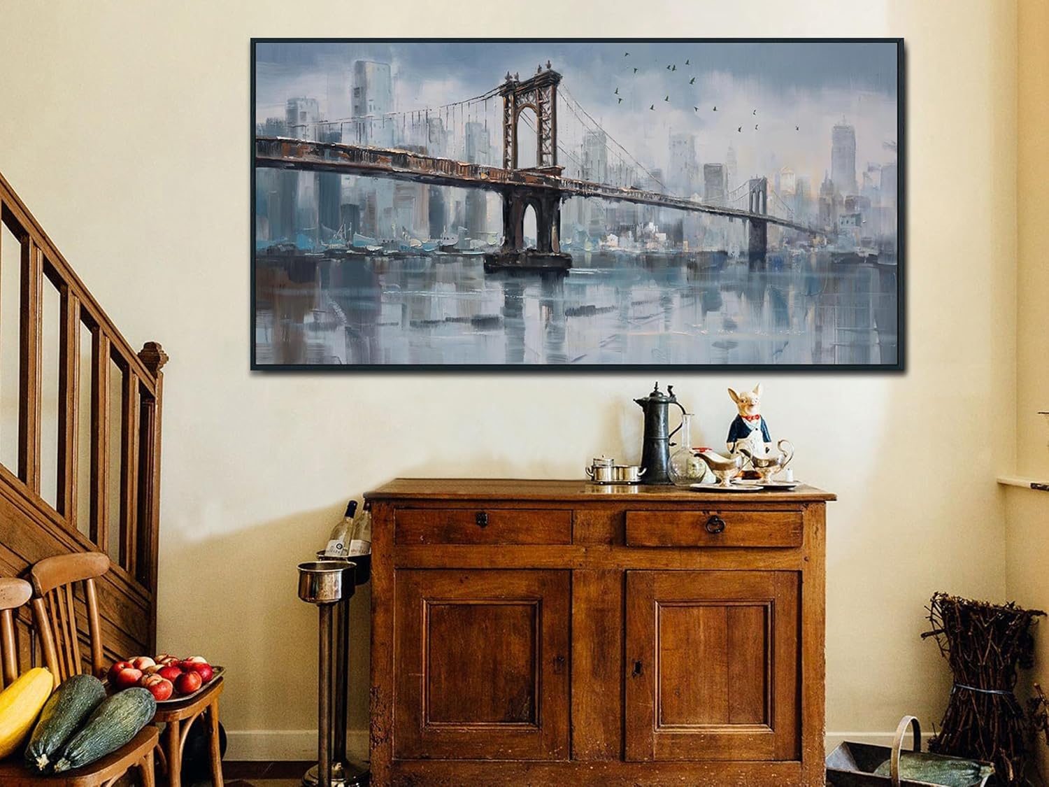 Enartly Framed NYC Brooklyn Bridge Wall Art for Lving Room, Large Skyline New York City Canvas Painting Modern Bridge Grey Picture for Bedroom Hallway Home Office Wall Decor, Black Framed 58'x29'