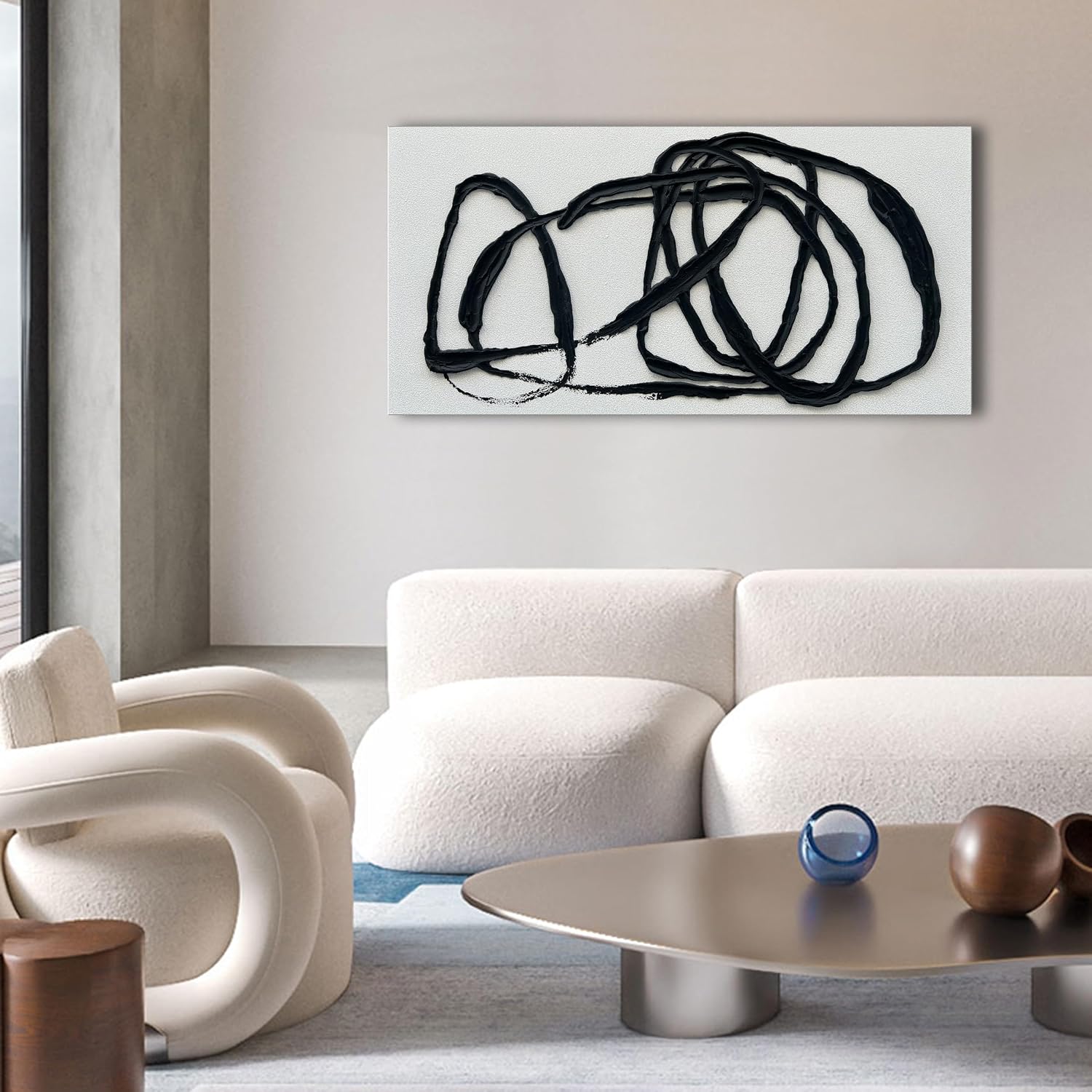 NANKAI Art Contemporary Minimalist Black and White Art Painting Texture Abstract Oil Painting Home Wall Art 24x48 Inches