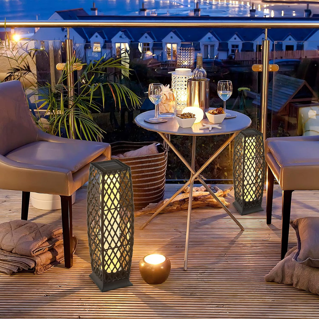 Tangkula 2 Pieces Outdoor Solar Powered Floor Lamps, IP65 Waterproof Wicker Floor Lamps with Auto On/Off LED Light, Outdoor Decor Lanterns for Garden Porch Pool Pathway Driveway (Diamond-Black)