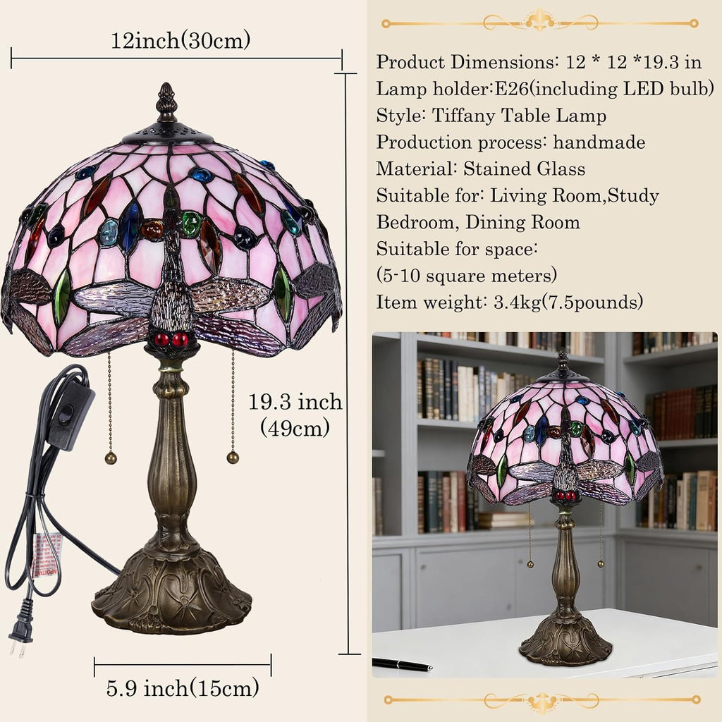 Tiffany Table Lamp, Pink Dragonfly Stained Glass Lamp,12 Inch Tiffany Style Lamp for Bedroom Living Room Home, Handcrafted Light, Included Bulb