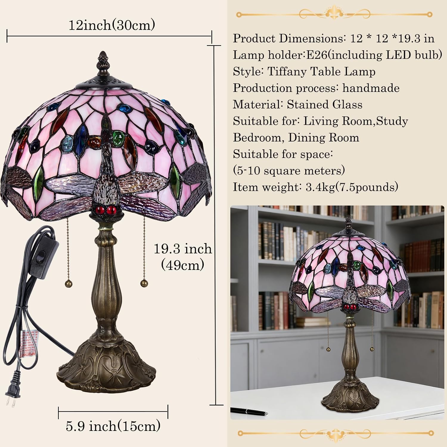 Tiffany Table Lamp, Pink Dragonfly Stained Glass Lamp,12 Inch Tiffany Style Lamp for Bedroom Living Room Home, Handcrafted Light, Included Bulb