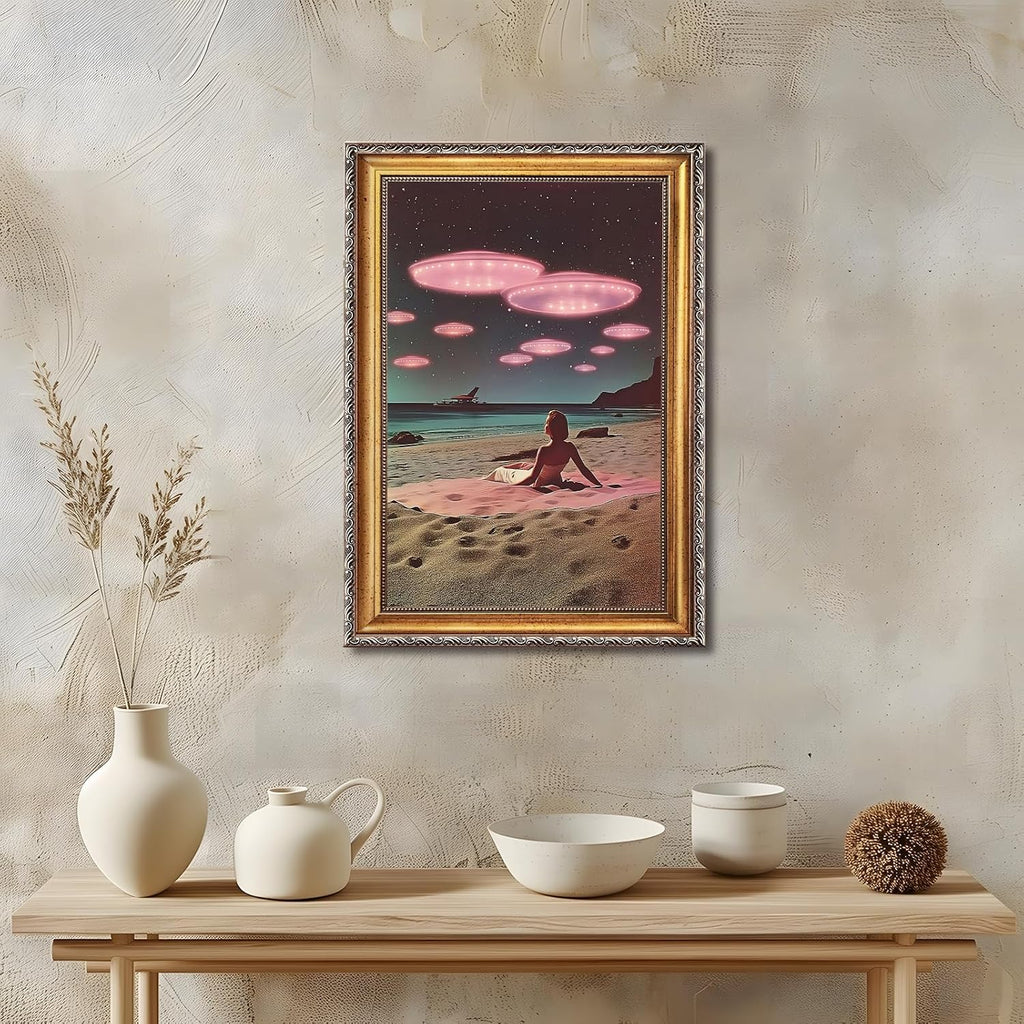 Retro UFO Beach Wall Art Canvas Print Surreal Alien Seaside Encounter Poster Painting Vintage Sci-Fi Artwork Framed Eclectic Trippy Spaceship Picture Wall Decor for Living Room Office Cafe 24x36inch