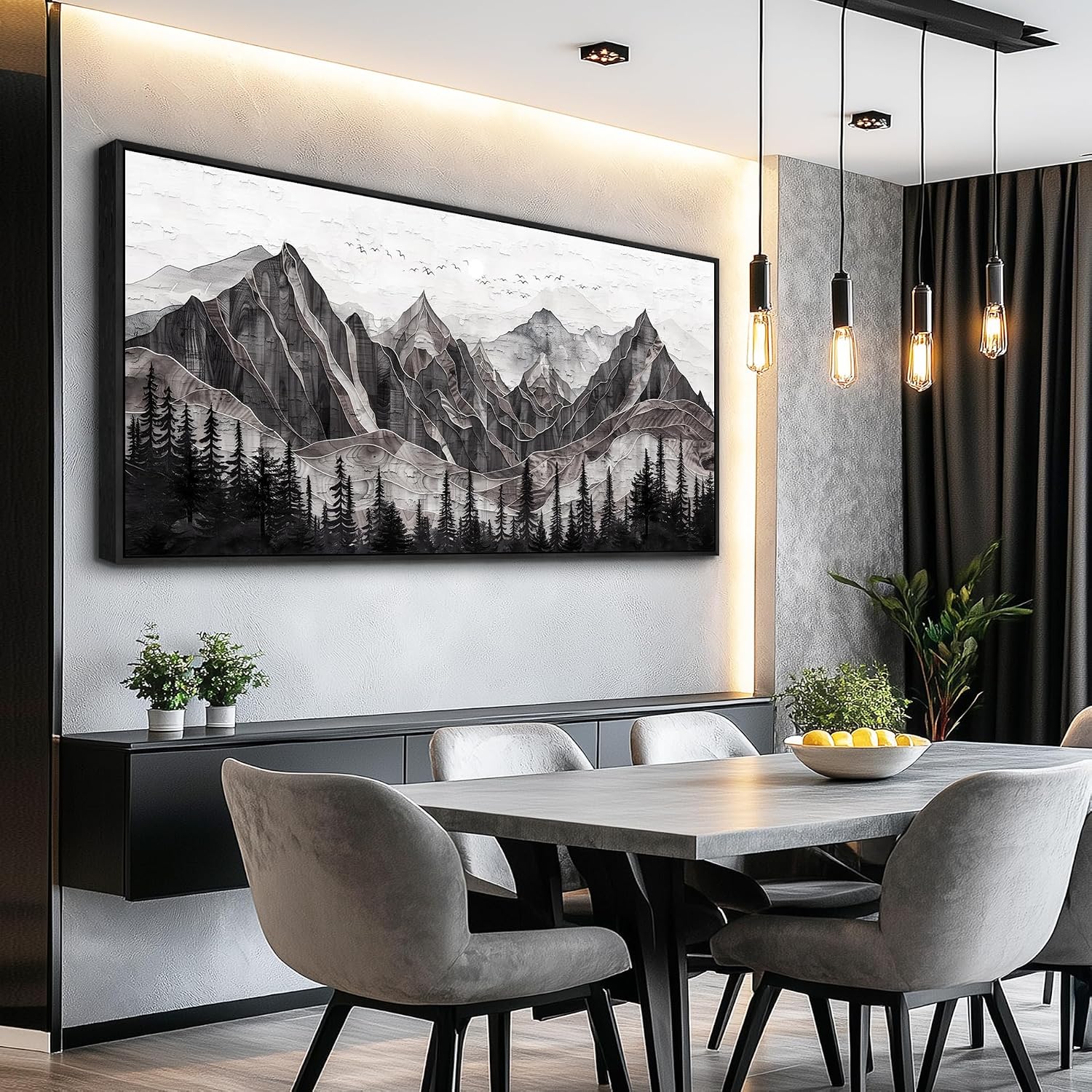 XIGUANGART Large Abstract Mountain Wall Art Black and White Canvas Art Print Painting Forest Nature Watercolour Wall Decor Modern Rustic Landscape Picture for Living Room Bedroom Office Decorations