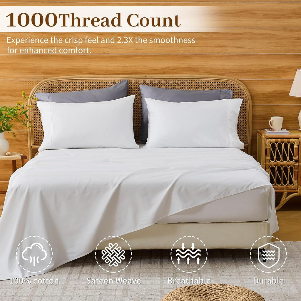 Bedlifes Egyptian Cotton Sheets 1000 Thread Count California King Size, 4-Piece 16' Deep Pocket - Cooling & Breathable Ultra Soft Bedding for Hotel Comfort (White)