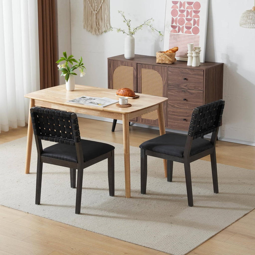 VINGLI Black Woven Wooden Dining Chairs Set of 2,Armless Mid Century Modern Desk Chairs with Rivet&Foot Pegs,Upholstered Farmhouse Comfy Chair No Wheels for Dining Room,Living Room,Kitchen,Oak,Suede