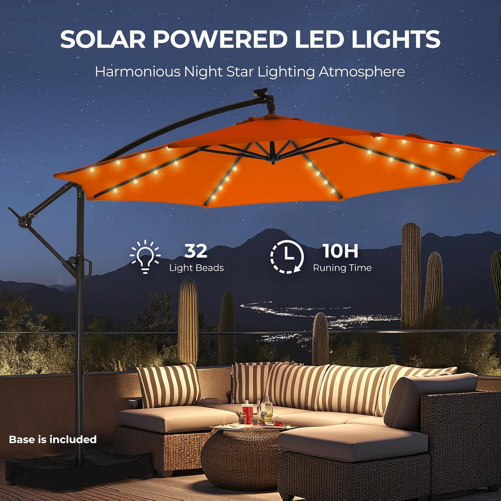 HOMSHADE 10ft Solar Lights Offset Cantilever Patio Umbrella - with Light and Base, LED Lighted Offset Hanging Patio Outdoor Market Umbrella UPF50+ UV Protection with Easy Tilt and Crank (Neon Orange)