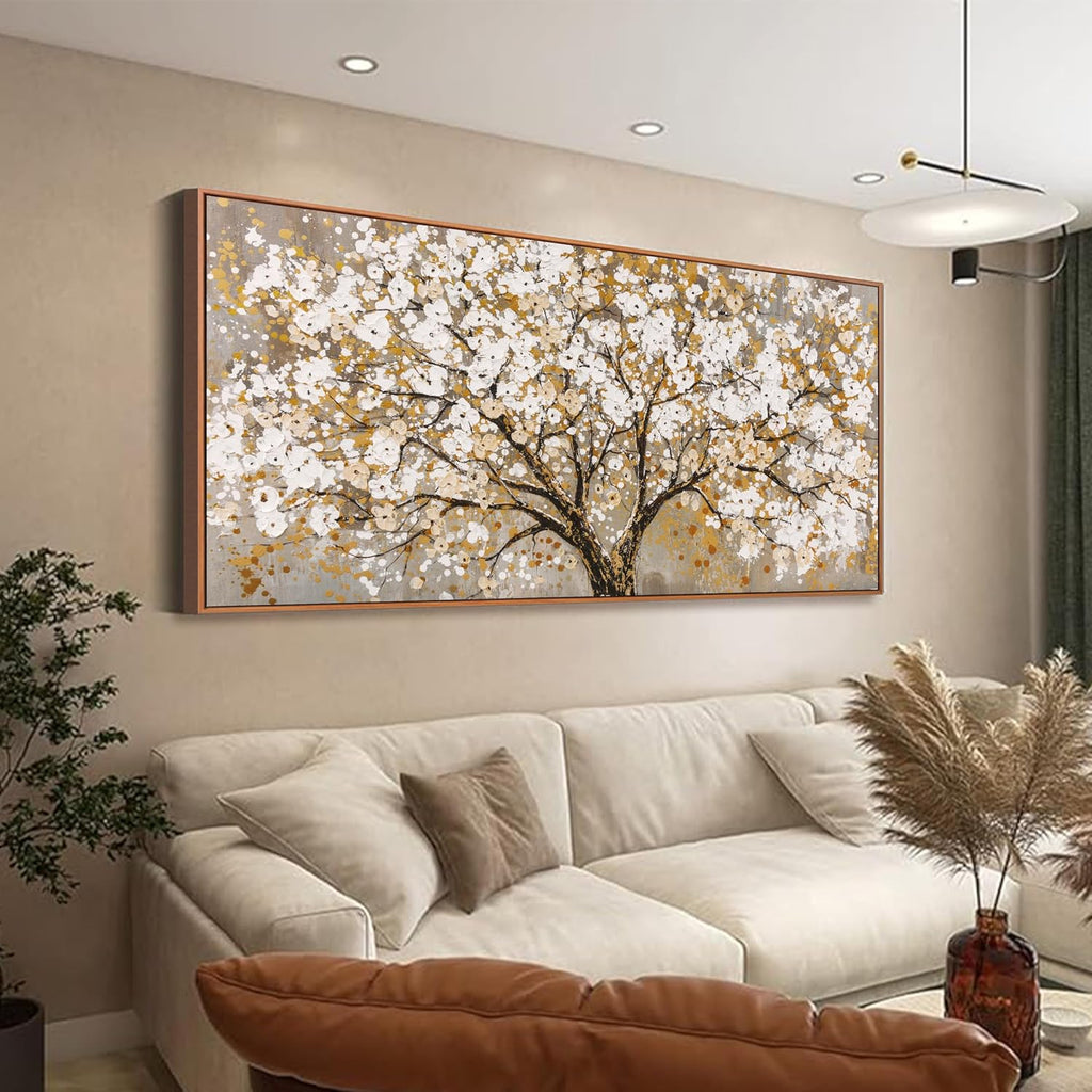 Large Wall Art Print Gold Abstract Tree Of Life Framed Modern Artwork Canvas Painting Gold Tree Pictures Home Decor Ready To Hang For Bedroom Living Room 29' X 58'