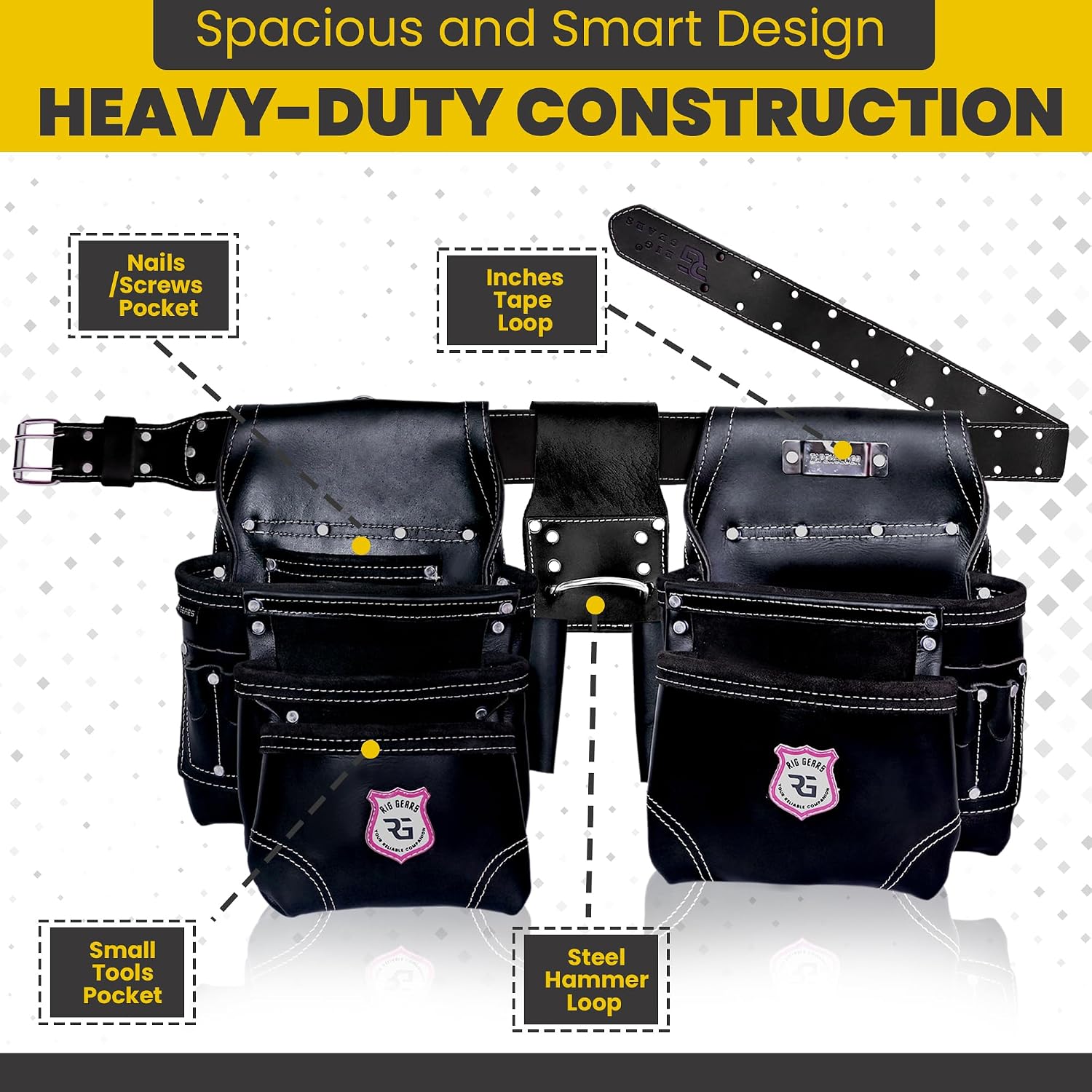 Professional 11 Pockets Leather Tool Pouch Bags/Carpenter Tool Belt Set | Heavy-duty Drywall Pouch, Electrician Pouch, And Framing Tool Belt Pouches (Black, Standard)