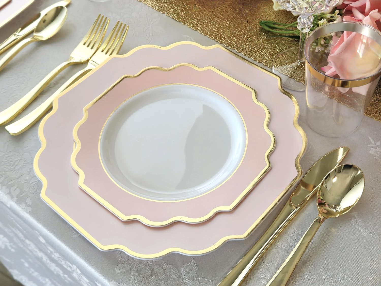 ' OCCASIONS ' 960 Piece set (120 Guests)-Heavyweight Wedding Party Disposable Plastic Plate Set - 120 x 10.5'' + 120 x 8'' + Silverware + Cups + Napkins (Imperial in Blush Pink & Gold)