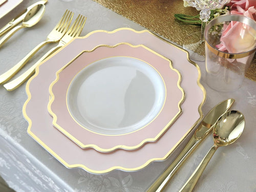 ' OCCASIONS ' 960 Piece set (120 Guests)-Heavyweight Wedding Party Disposable Plastic Plate Set - 120 x 10.5'' + 120 x 8'' + Silverware + Cups + Napkins (Imperial in Blush Pink & Gold)