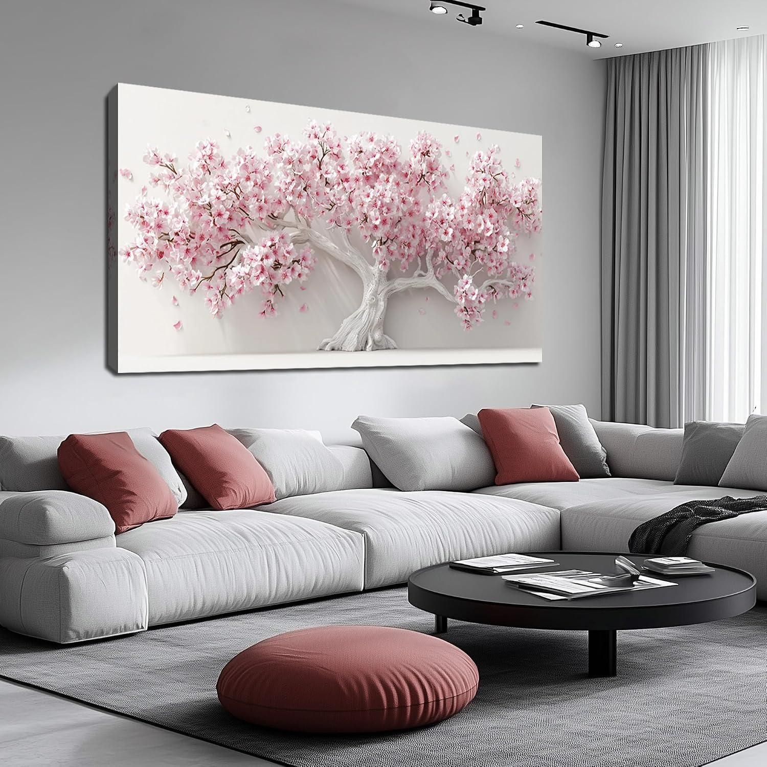 AOZEMI White Wall Art for Living Room Bedroom Home Office Pink Wall Decor Large Tree Pictures Art Flower Artwork Modern Floral Canvas 29'x 59'
