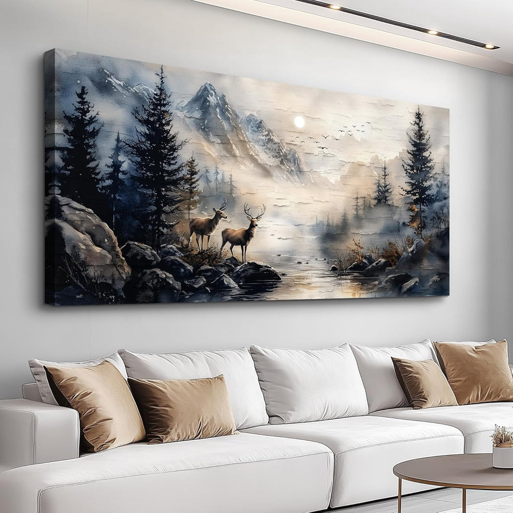 ERQINHUA Canvas Wall Art For Bedroom Large Wall Decor For Living Room Modern Office Decor Abstract Ink Painting Elk Forest landscape Wall Pictures Ready To Hang Home Decorations Posters 30'X60'