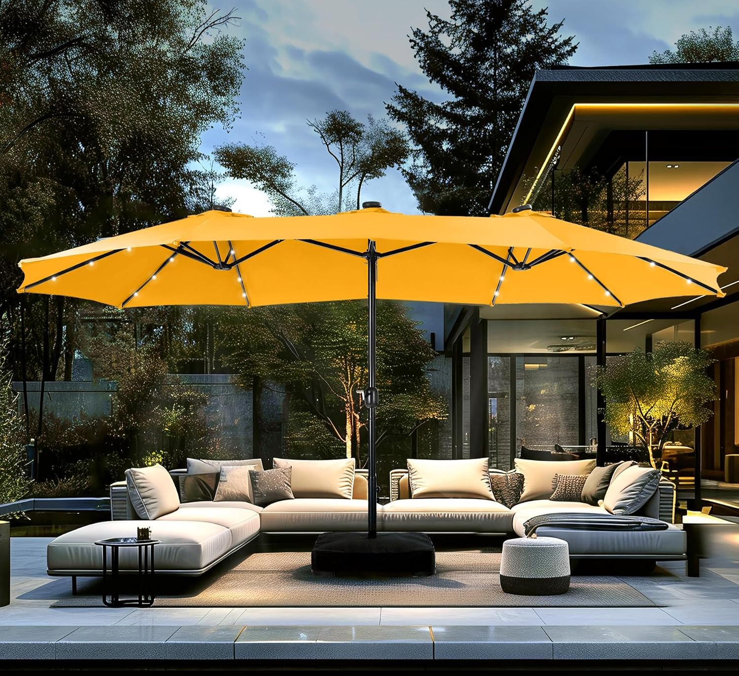 PHI VILLA 15ft Large Patio Umbrella with Solar Lights, Double-Sided Outdoor Market Rectangle Umbrellas with 36 LED Lights, Umbrella Base (Stand) Included, Golden Yellow