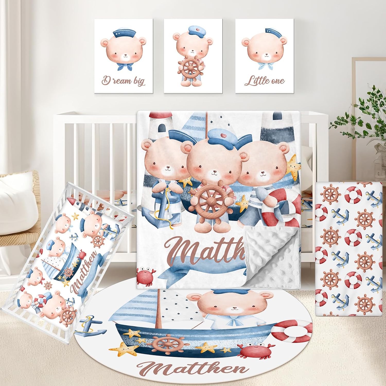 Custom Crib Bedding Set 5 Piece for Girls Boys – Personalized Sailor Bear Theme, Newborn Sleep Set, Nursery Decor, Toddler Room Essentials, Infant Sleep, Baby Room Accessories, Baby Gift