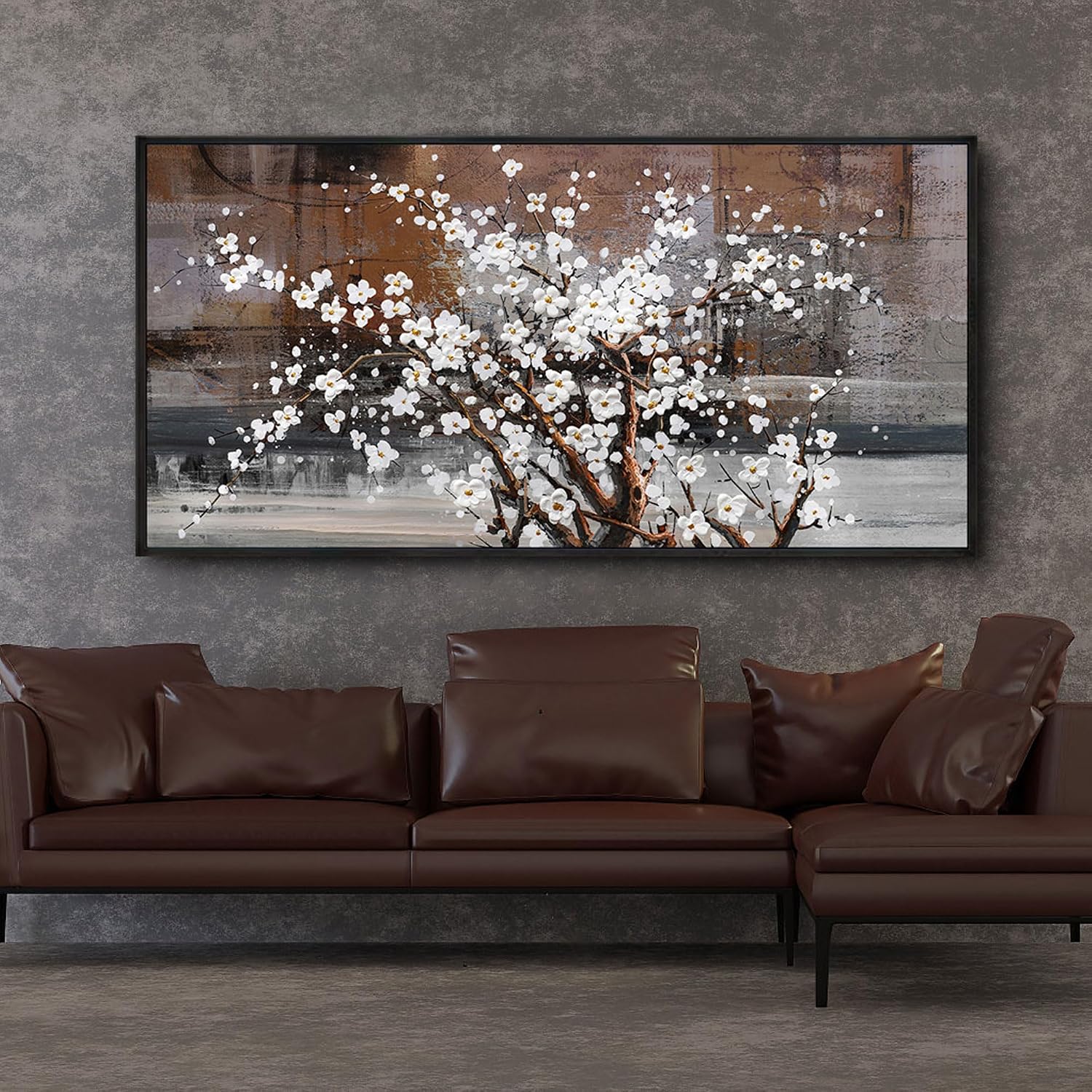 KLAKLA Wall Art for Living Room - Black Framed Wall Decor - Large Size Natural Botanical Plum - Wooden Framed Abstract Brown Picture Artwork for Bedroom Office