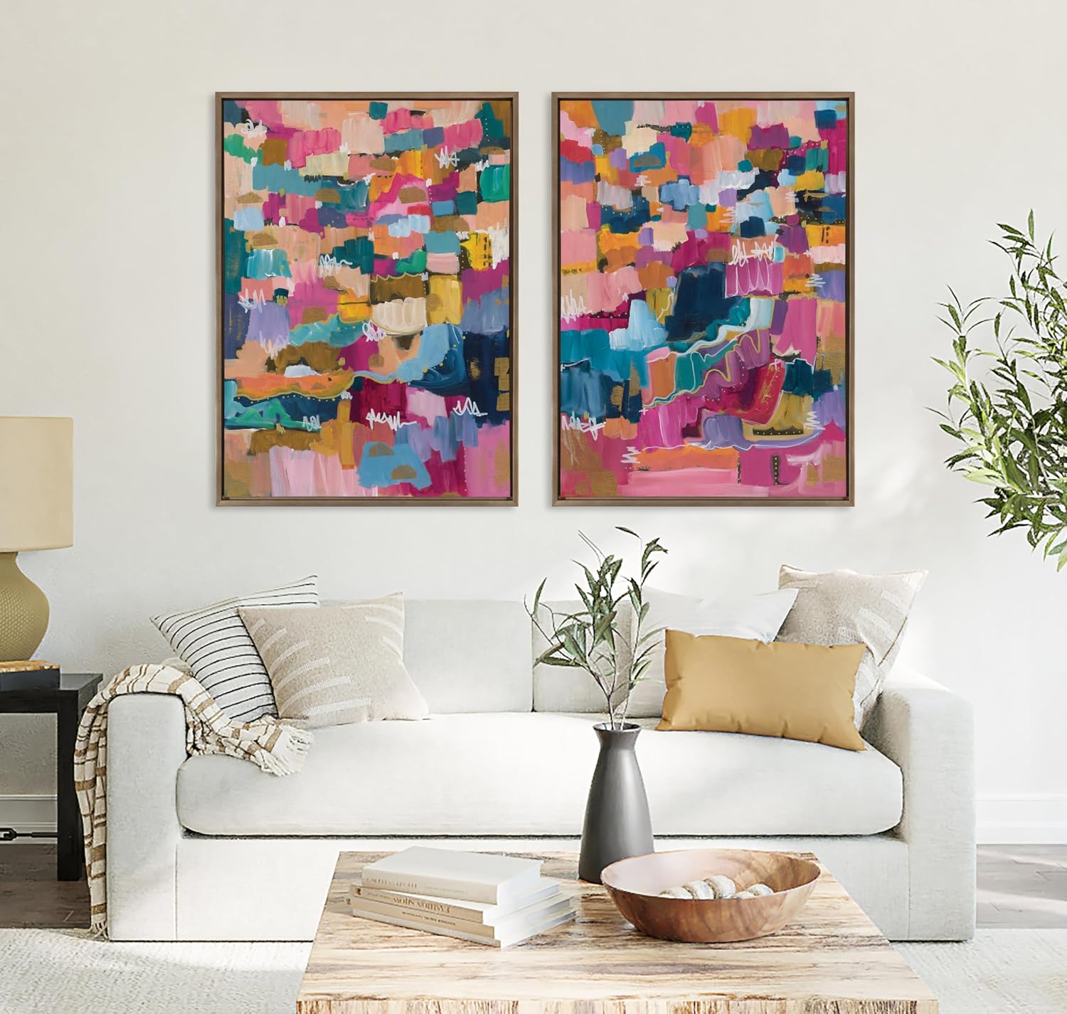 Kate and Laurel Sylvie Applause Framed Canvas Wall Art Set by Leah Nadeau; 2 Piece Set 28x38 Gold; Colorful Abstract Art Set for Wall