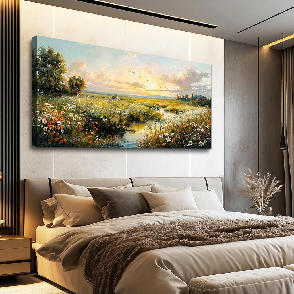 XIGUANGART Rustic Landscape Wall Art Canvas Prints Nature River Meadow flowers Wall Decor Sunset Pastoral Abstract Pictures Modern Artwork for Living Room Bedroom Kitchen Office Large Home Decorations