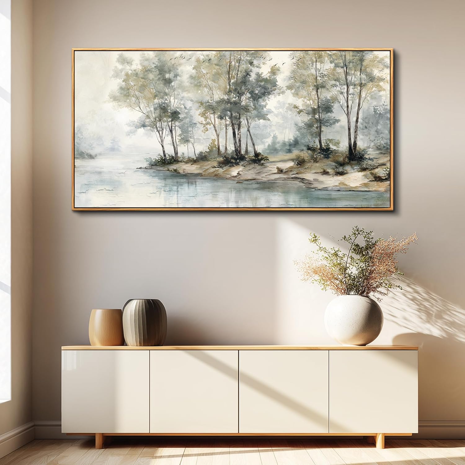 Wapluam Tree Wall Art Large Painting Modern Abstract Canvas Art Lakeside Landscape Pictures Forest Nature Artworks Decoration Framed For Living Room Bedroom Fireplace Home Office Hang Wall Decor