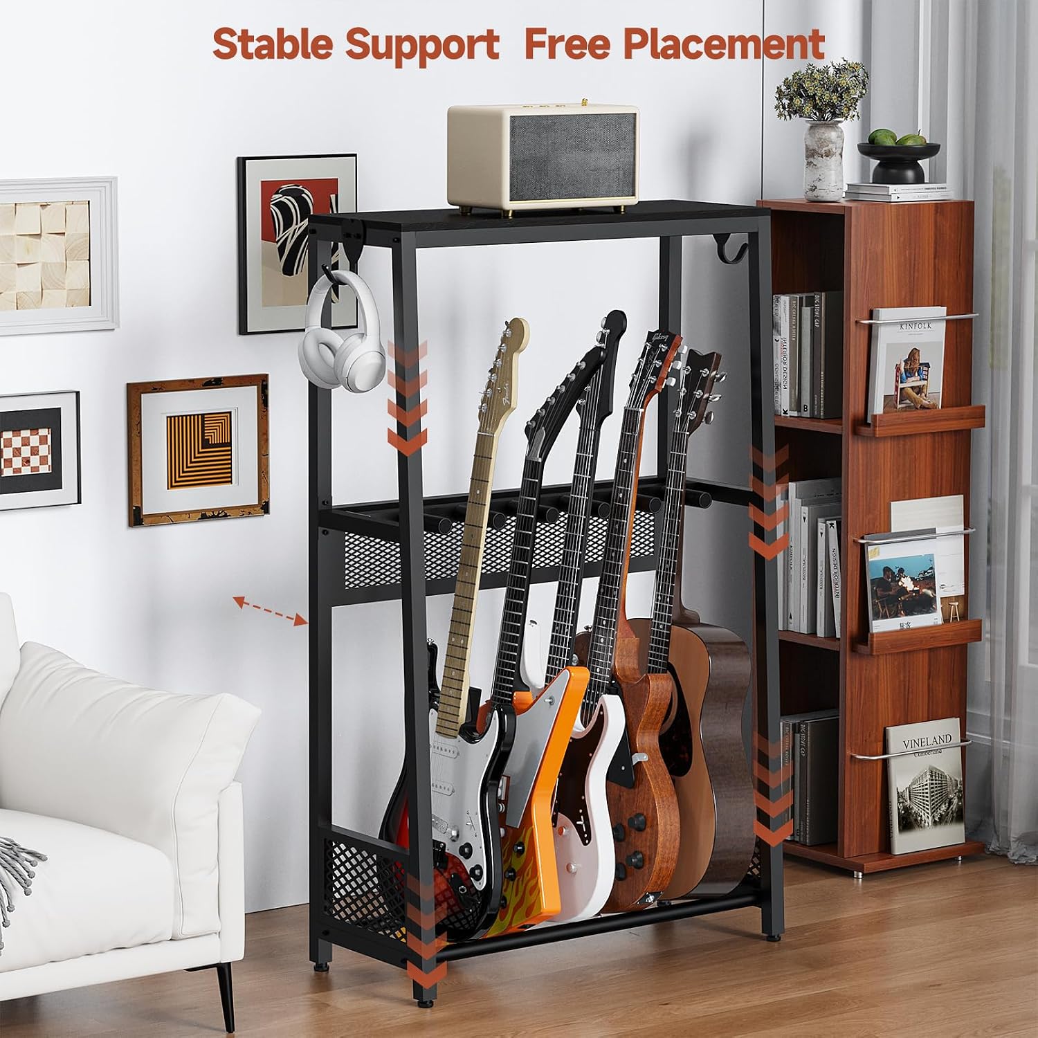 EmberGlow Multi-Guitar Stand with Top Display Shelf - Heavy Duty 28lbs Metal Guitar Rack with Adjustable Spacing & Soft EVA Padding, Premium Instrument Holder for Acoustic, Electric, Bass, Ukulele, Model L (Brown)