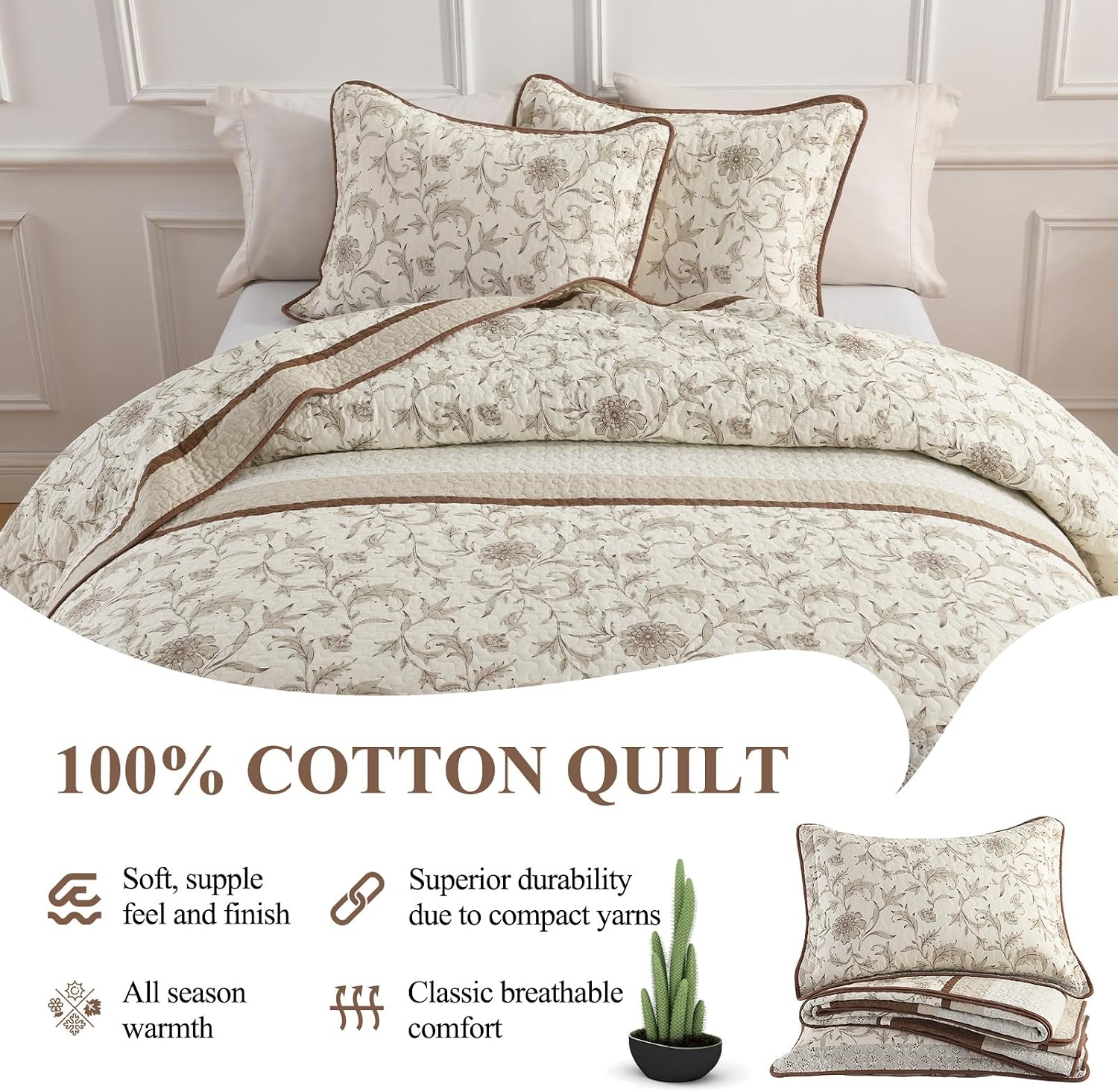 DDUOXIN 100% Cotton King Quilt - Modern Botanical Bed Quilts with 2 Pillow Shams, Floral Print Stripe Bedspread Lightweight Soft Thin Comforter Bedding Set, Brown/Gray/White