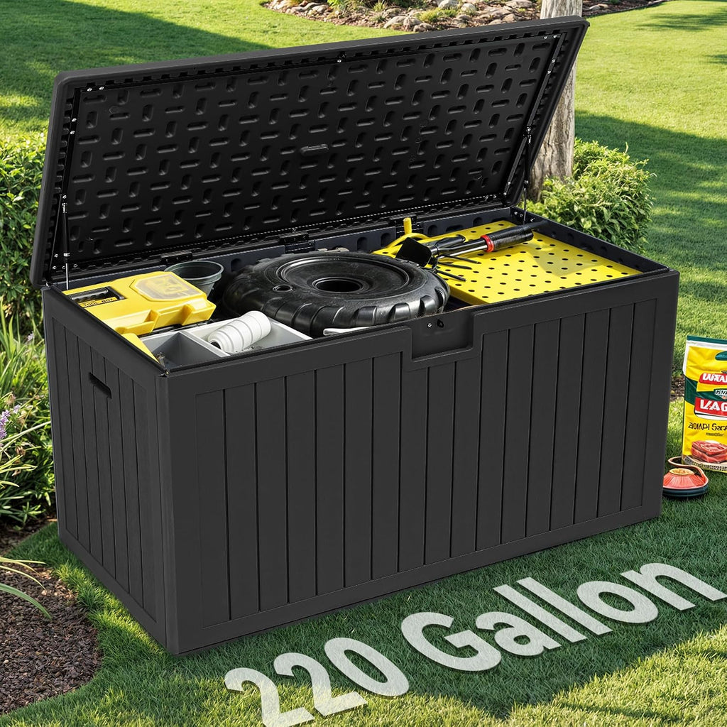 YITAHOME 220 Gallon Double-Wall Deck Box with Divider & Side Handles, Outdoor Large Storage for Patio Furniture Cushions, Garden Pool Accessories, Water Resistant & Lockable(Black)