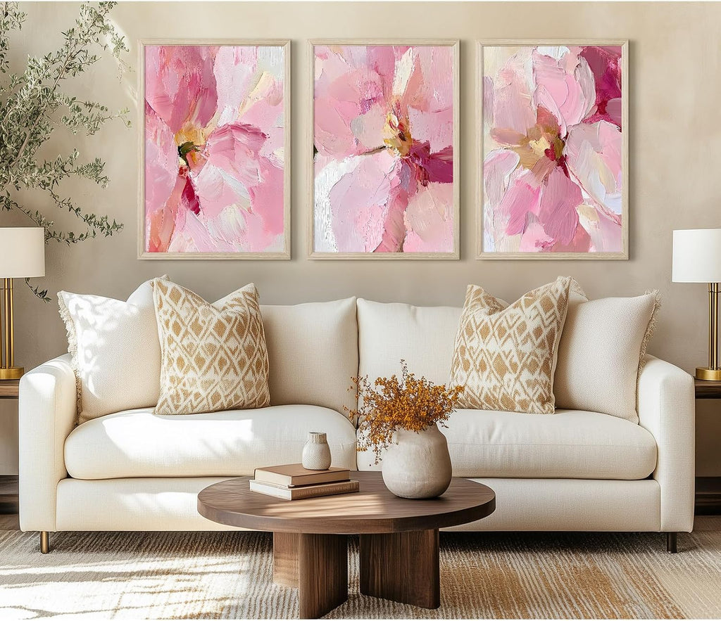 Abstract Floral Wall Art Pink Flower Canvas Pictures Modern Wall Decor Blush Pastel Pink Prints Peony Painting Minimalist Poster Botanical Artwork for Bedroom Living Room 24x36x3 Inch Wood Framed