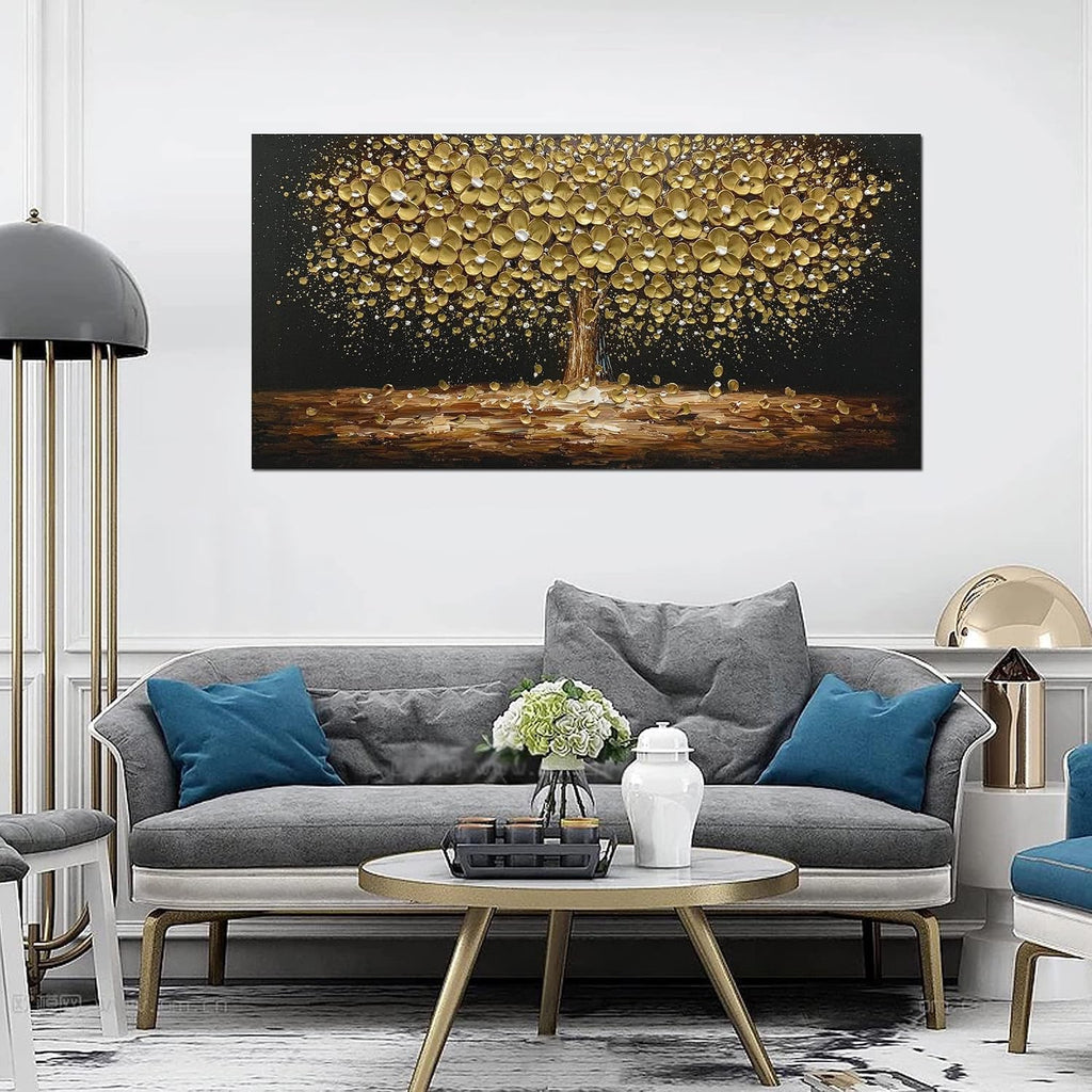 Art8YuQi Paintings - Contemporary Abstract Art Oil Painting On Canvas Texture 3D Golden Tree Gary Painting Handmade Artwork Picture Canvas Wall Art Modern Home Decor living room Ready to Hang