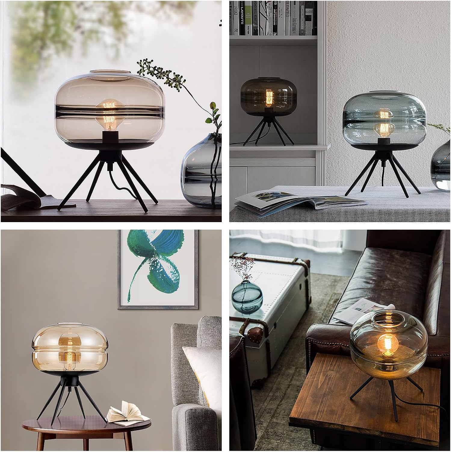 Oval Four-Leg Bracket Glass Table Lamp Personalized Glass Oval Lampshade Bedside Table Lamp Nordic Hand-Blown GlassIron Art Four-Leg Bracket Transparent Glass Lampshade Table Lamp Bedroom (Amber)