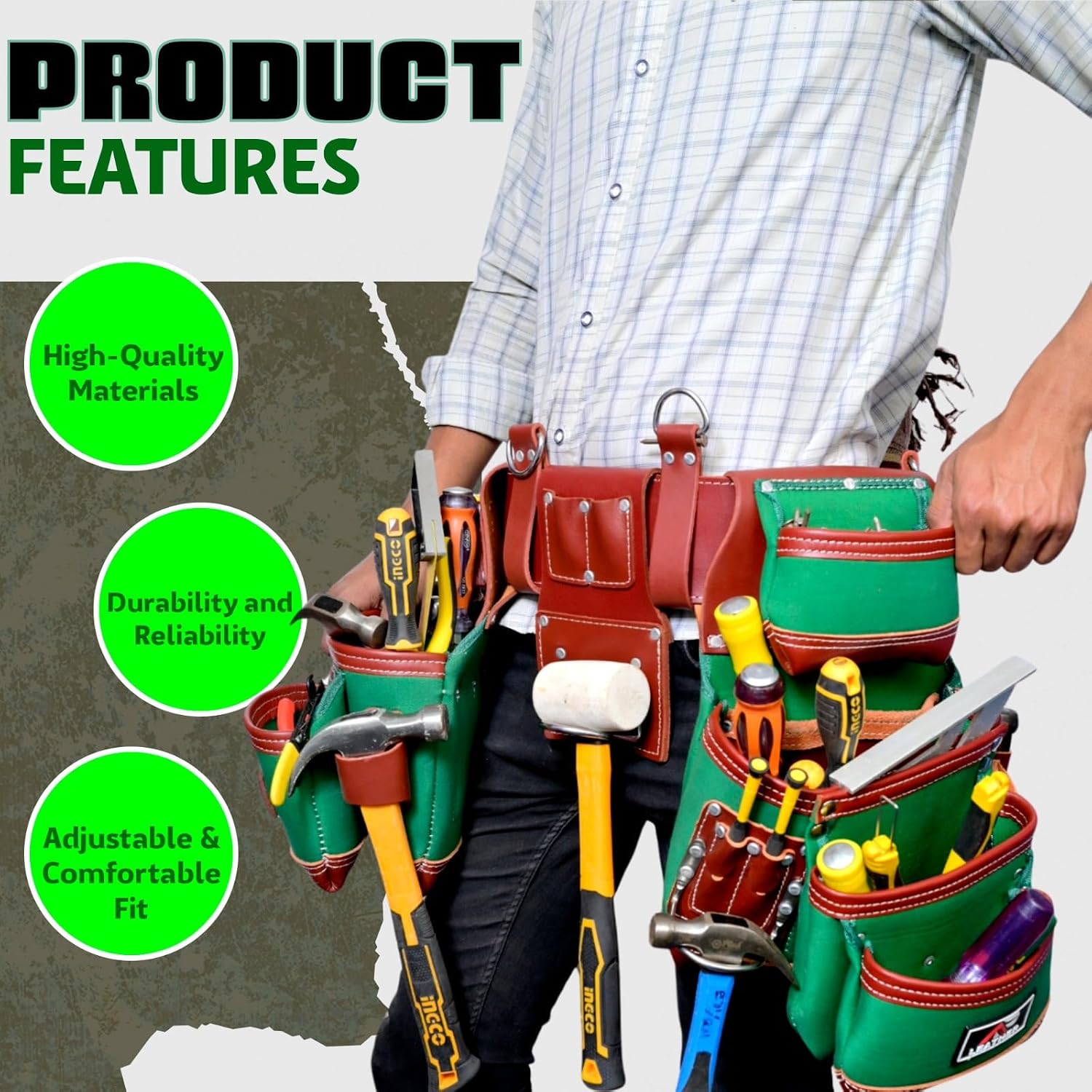 AP-LEATHER Full Grain Leather & Nylon Heavy-Duty Tool Belt Pouch with Suspender & Nylon, 28 Pocket, EVA Foam Padded Comfort, Adjustable 30'-50' Fit (Green)