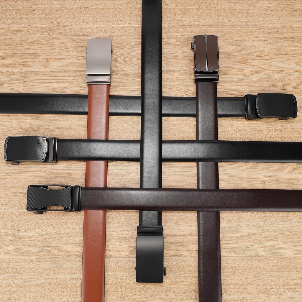 Men's Black Genuine Leather Belts, Automatic Ratchet Buckle Belt, Dress Casual, Trim to Fit, Gift Box