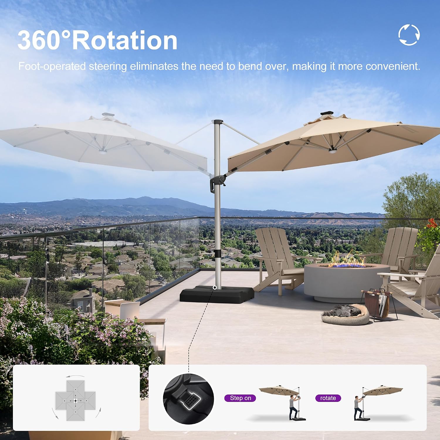 PURPLE LEAF Cantilever Umbrella with base 11ft Outdoor Round Patio Solar Powered LED Umbrella with 360-degree Rotation for Garden Deck Pool Patio, Beige