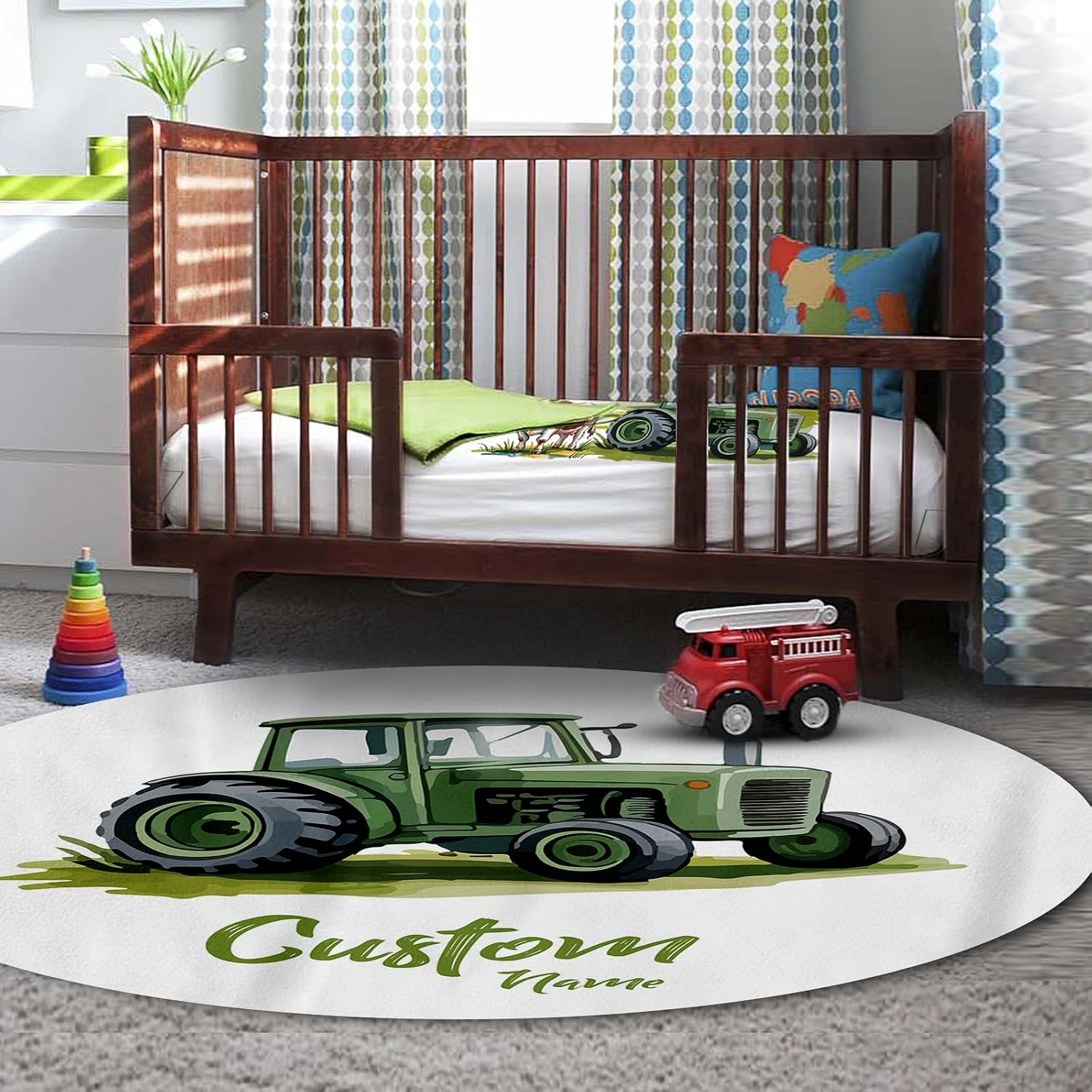 Personalized Crib Bedding Set for Baby Boys, Custom Name Baby Crib Sets 5-Pcs - Toddler Double Layer Blanket Fitted Sheet Changing Pad Cover Rug Wall Art Set, Green Tractor Theme Nursery Décor