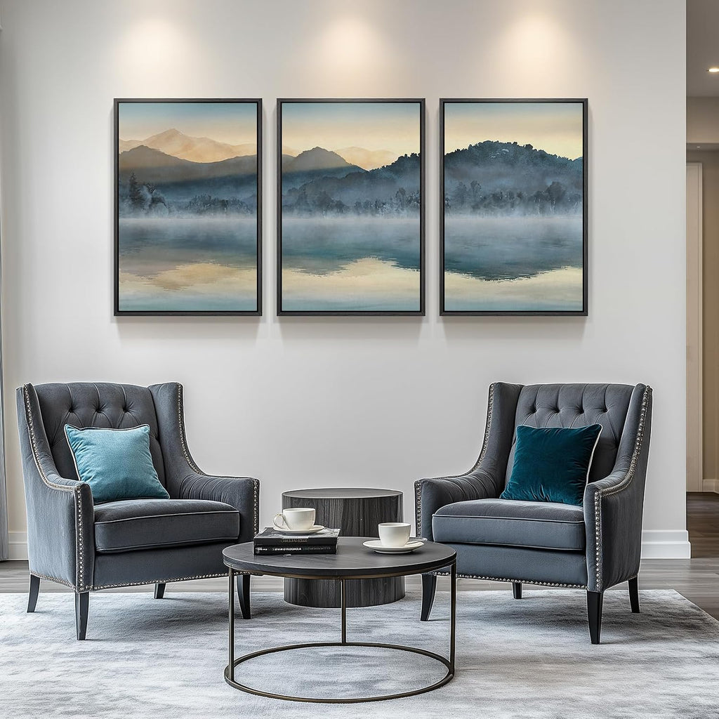 Framed Watercolor Mountain Wall Art for Living Room, Large Lake Nature Landscape Artwork for Walls, 3 Piece Blue Foggy Scenic Aesthetic Canvas Painting Prints for Office Hallway Wall Decor, 24x36 Inch
