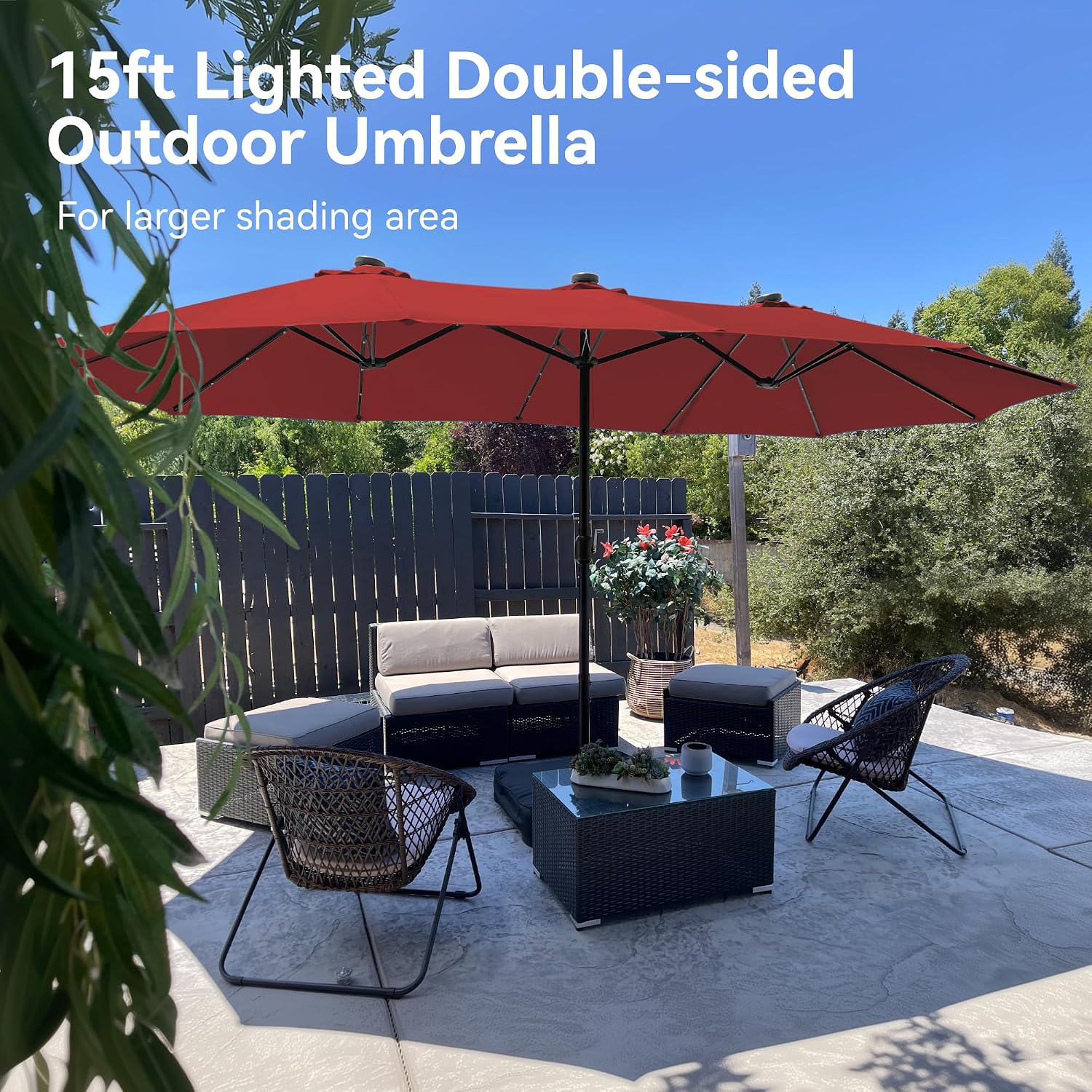 PHI VILLA 15ft Large Patio Umbrellas with 36 LED Solar Lights, Double-Sided Outdoor Market Rectangle Umbrellas, Base (Stand) Included, Dark Red