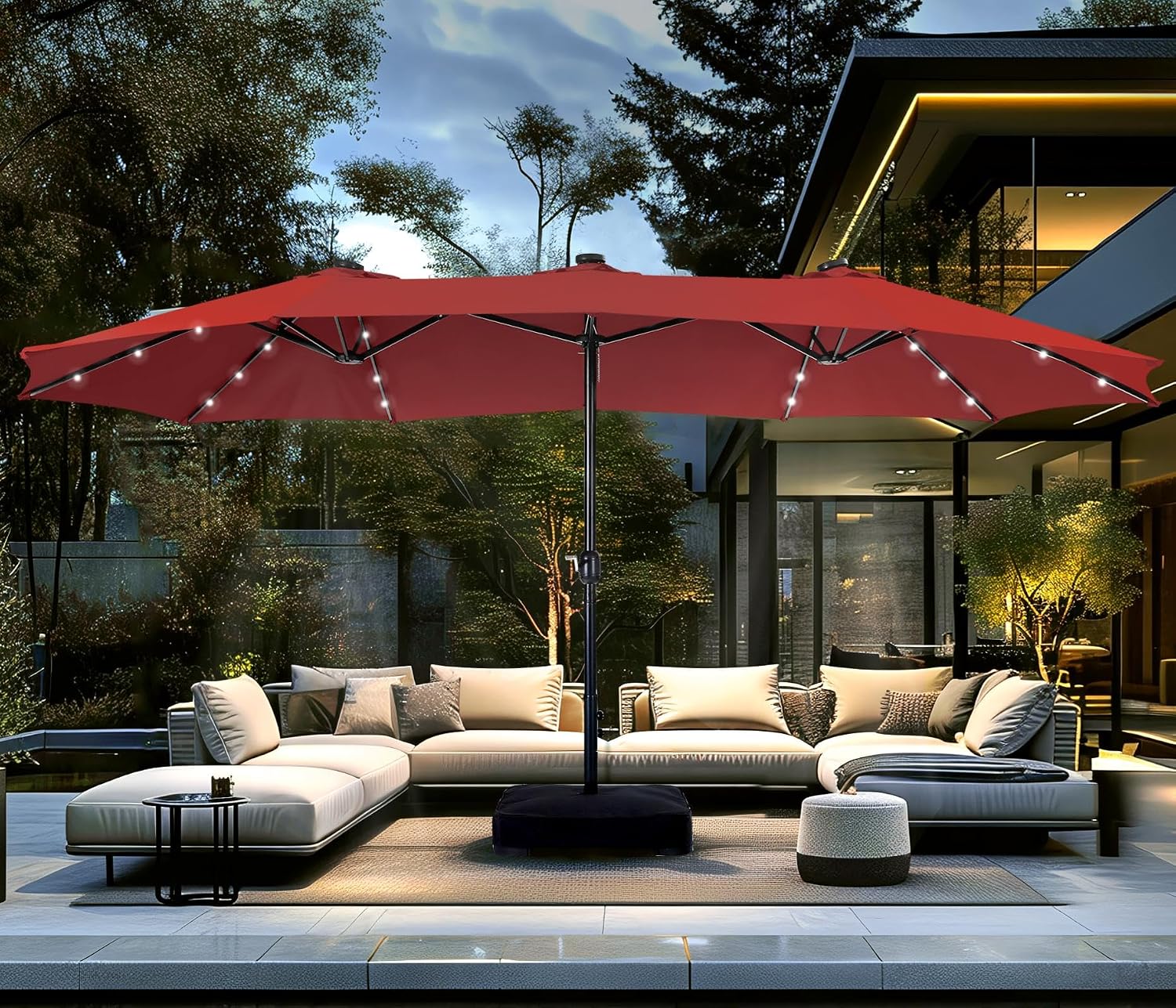 PHI VILLA 15ft Large Patio Umbrellas with 36 LED Solar Lights, Double-Sided Outdoor Market Rectangle Umbrellas, Base (Stand) Included, Dark Red