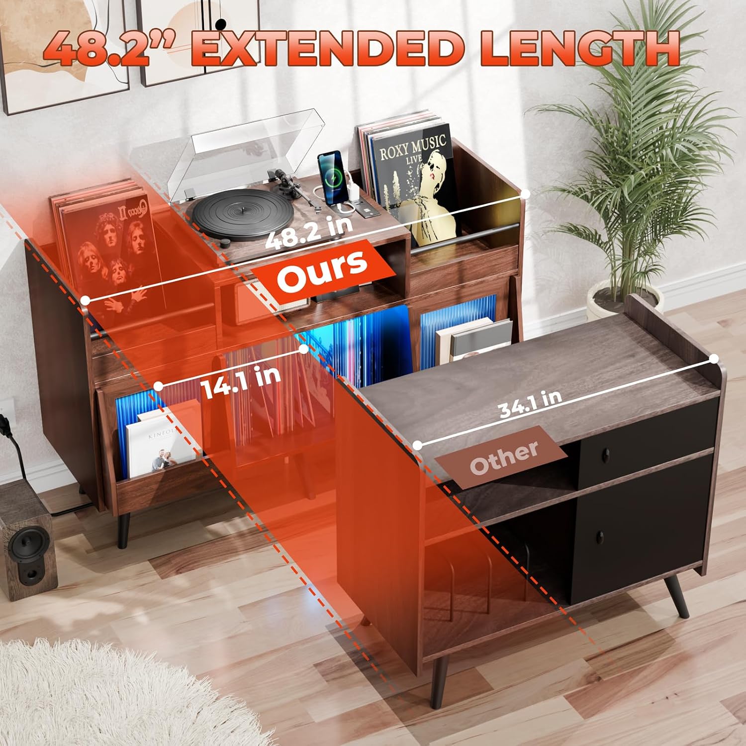 MULEJYBO XL Record Player Stand with Sliding Door,500 Vinyl Record Storage Cabinet, Record Player Table with Power Outlet & LED Light,Turntable Stand with Wood Legs for Living Room,Office