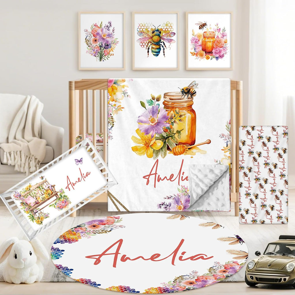 Personalized Baby Crib Bedding Set, 5 Pcs Custom Name Nursery Bedding Set for Girls Boys, Honey & Bee Baby Crib Set for Toddlers Infants, Double Layer Bedding Crib Sets Customized Gifts