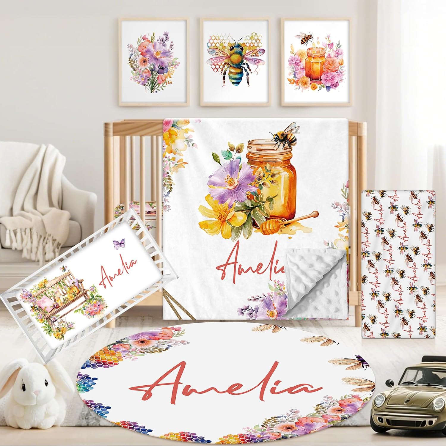 Personalized Baby Crib Bedding Set, 5 Pcs Custom Name Nursery Bedding Set for Girls Boys, Honey & Bee Baby Crib Set for Toddlers Infants, Double Layer Bedding Crib Sets Customized Gifts