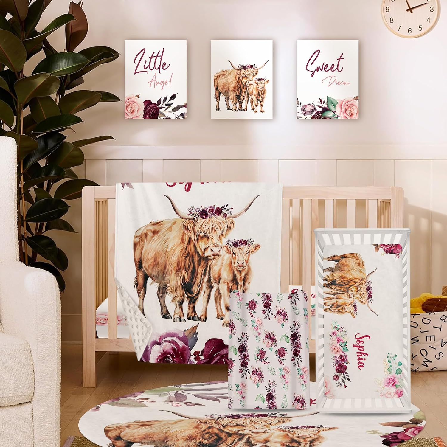 TOOTANN Custom Baby Crib Bedding Set, 5 Pcs Personalized Name Baby Crib Sheets for Kid Toddler Infant, Highland Cow Mother and Calf Nursery Bedding Set