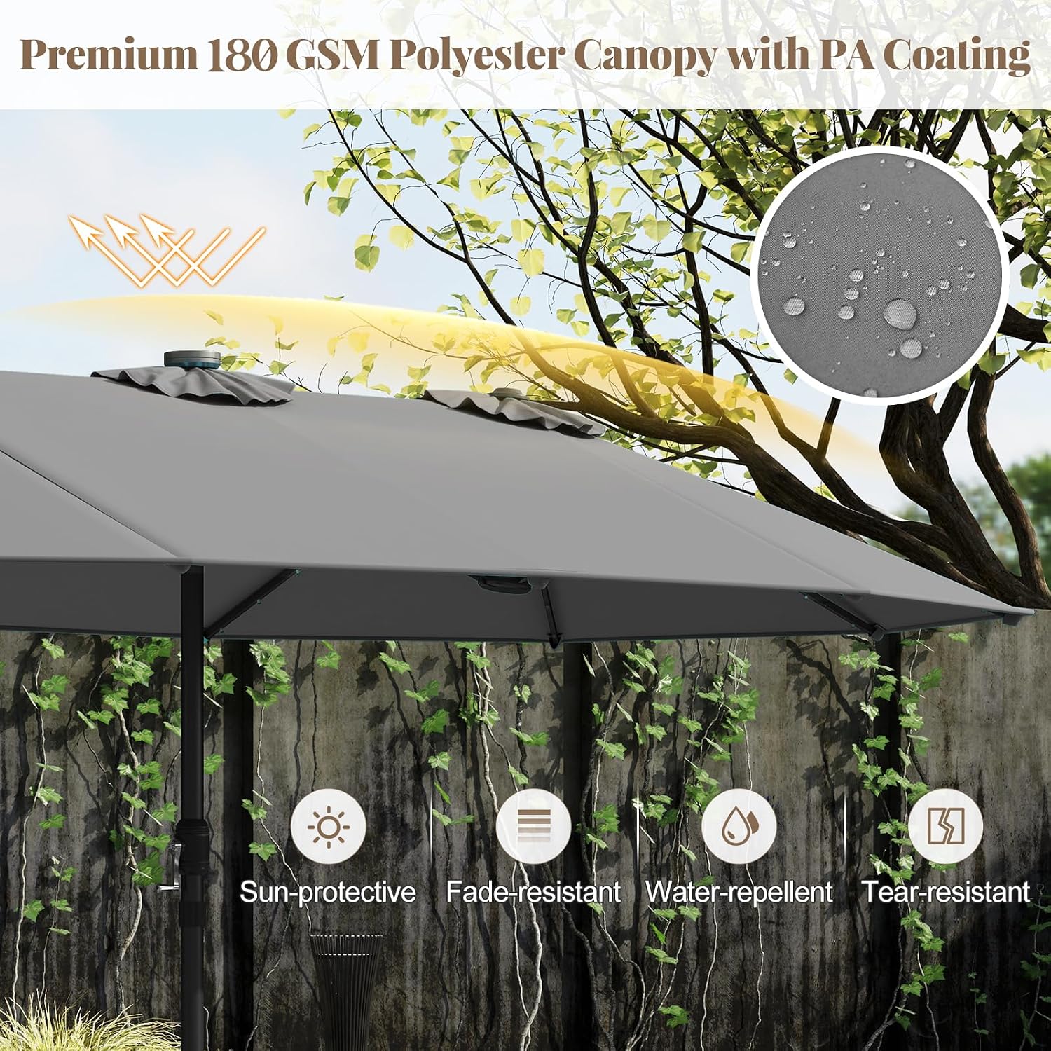 Tangkula 15FT Double-Sided Solar Patio Umbrella, Extra-Large Outdoor Twin Umbrella with 48 LED Lights, Vented Top, Crank Handle, 12 Ribs, Weighted Base Included for Backyard Poolside Deck (Gray)